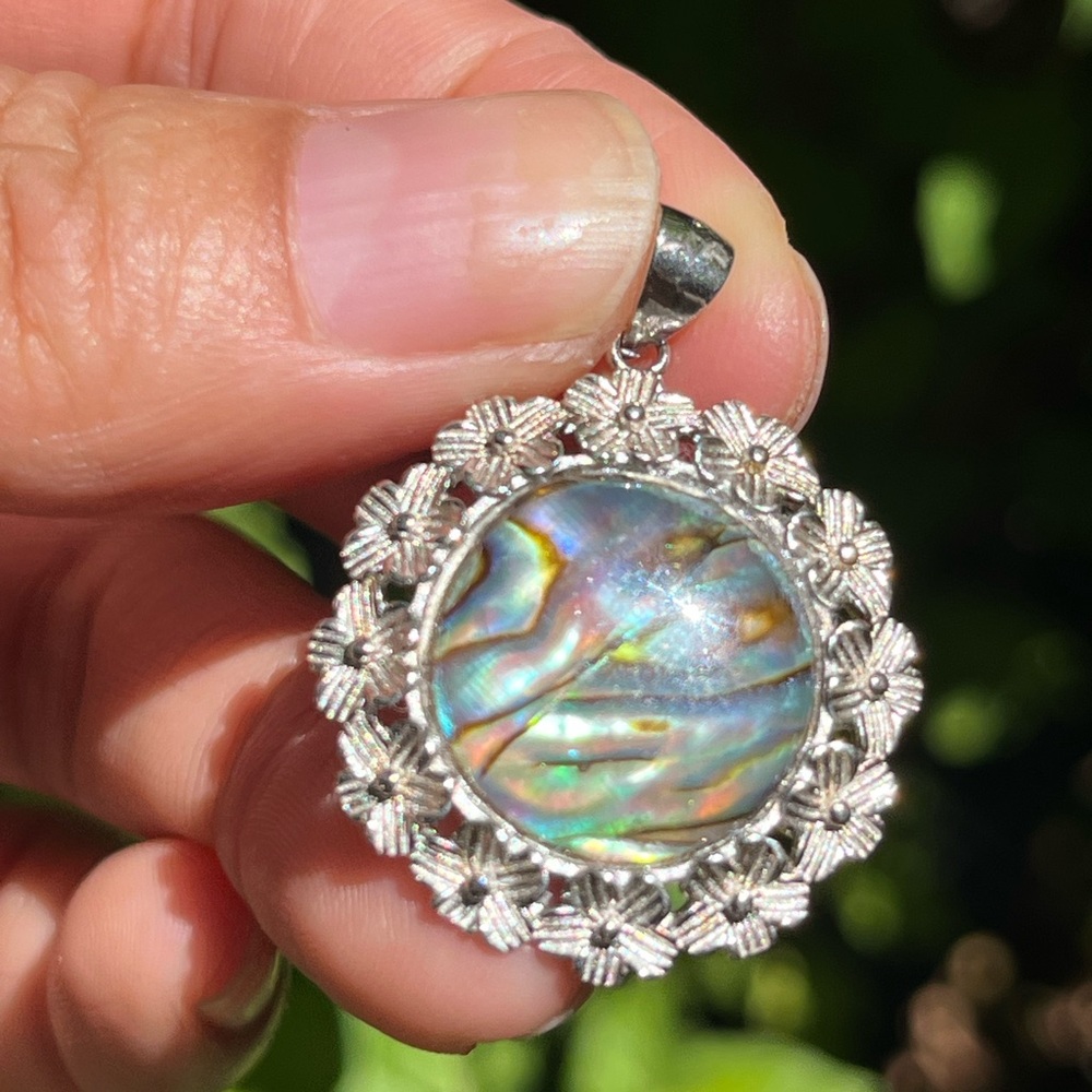 Sterling silver flashy round floral abalone shell pendant 1254 - Picture 4 of 7